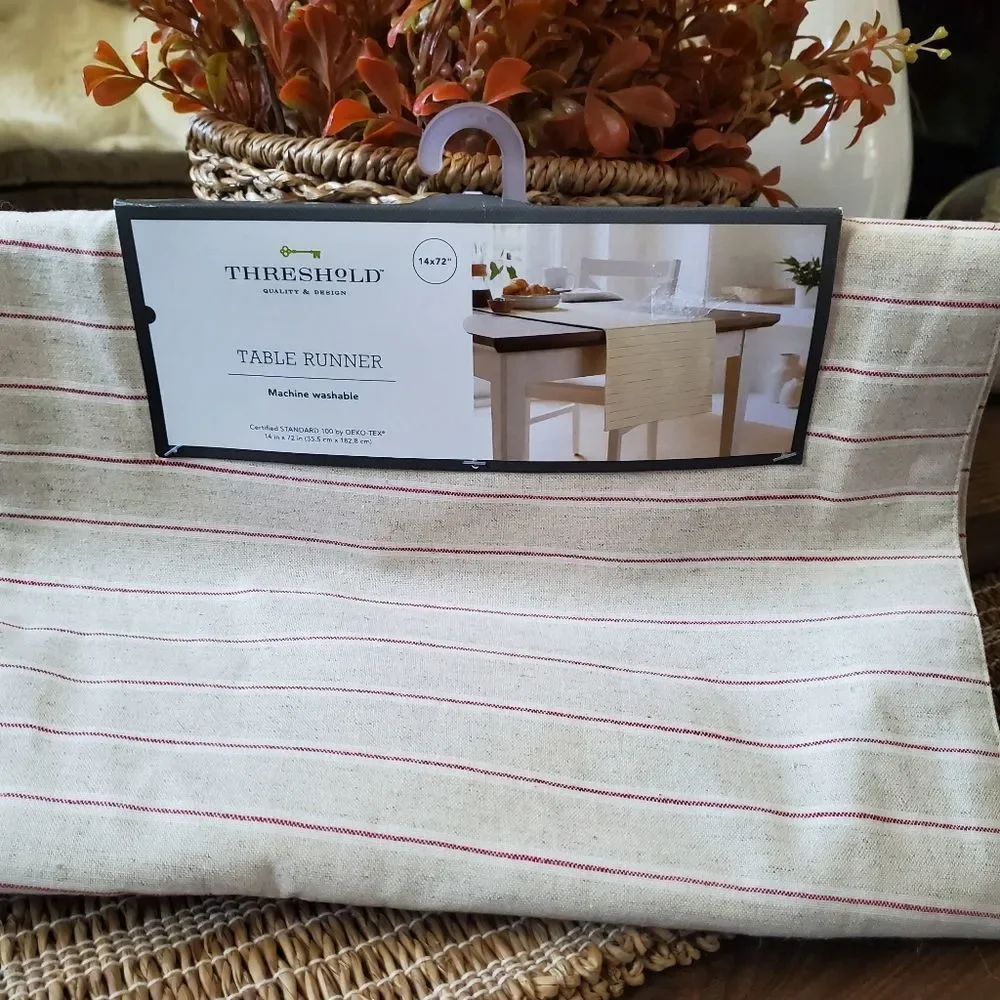 Table runner by threshold oatmeal with red stripe